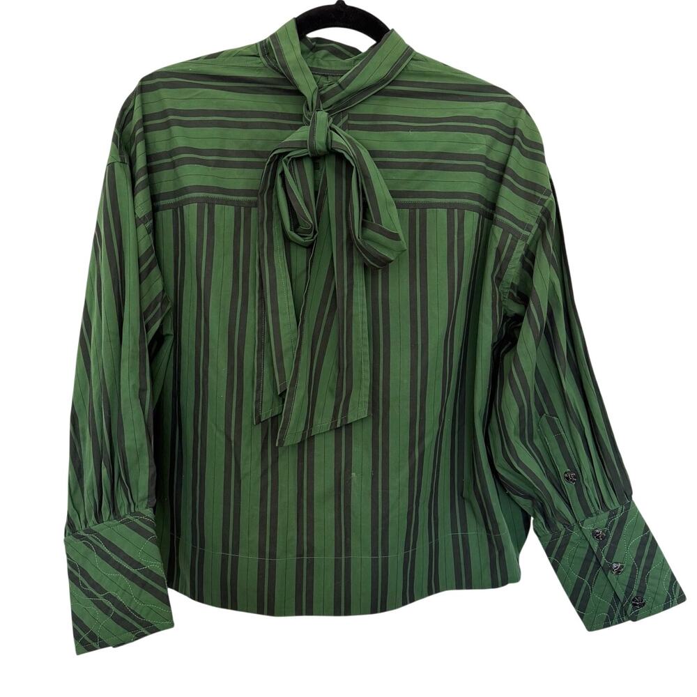 GANNI (XXS/XS) Green Black Striped Tie Neck Bow Blouse Oversized Shirt- Scandi
